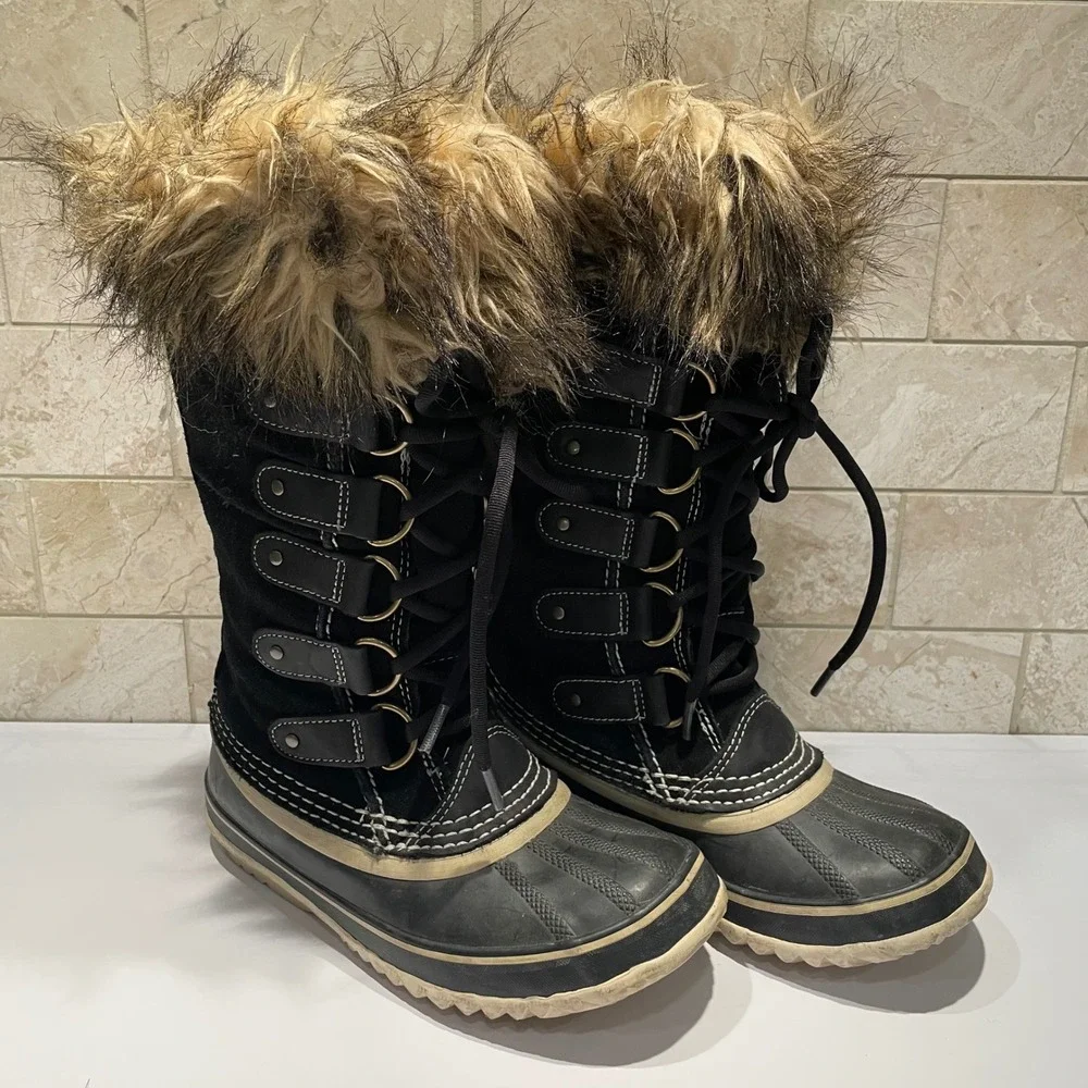 Sorel Joan of Arctic Boots Black Suede Faux Fur Winter Snow NL1540-010 Womens 5‎